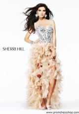 Sherri Hill 1586.  Available in Aqua/Silver, Black/Silver, Coral/Silver, Gunmetal/Gunmetal, Lilac/Silver, Nude/Silver, Pink/Silver, White/Silver